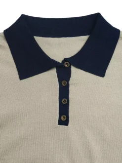 Tea Color Contrast Navy Collar Polo Knit Sweater Half Button Long Sleeve Slim Preppy Pullover
