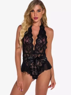 Teddy Unlined Lace Halter Plunge Crotchless Teddy