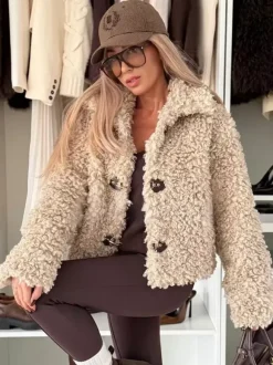 Teddy Fleece Jacket Curly Faux Fur Button Up Coat For Women 2026