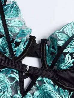 Teddy Turquoise Floral Lace Garter Lingerie Underwire Mesh Cutout Bodysuit For Women