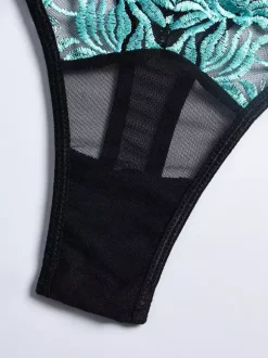 Teddy Turquoise Floral Lace Garter Lingerie Underwire Mesh Cutout Bodysuit For Women