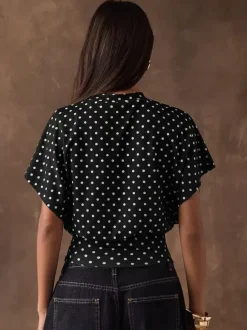 Tees 3/4 Length Sleeves Pink Polka Dot Jewel Neck Tee Shirt For Women
