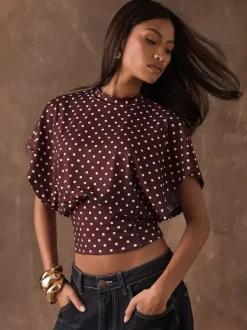 Tees 3/4 Length Sleeves Pink Polka Dot Jewel Neck Tee Shirt For Women
