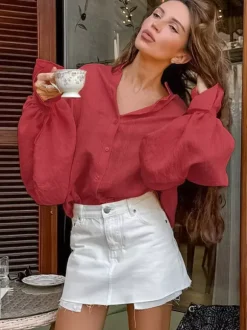 Textured Bubble Sleeve Stand Collar Oversized Button Down Shirt