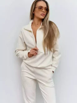 Textured Half-Zip Sweater And Joggers Set For Women 2026