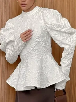 Textured Jacquard Puff Sleeve Blouse High Neck Peplum Waist Flared Hem Tops