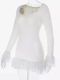 Textured Mini Dress For Women - Cream White Coquette Aesthetic Ruffle Cuff Bodycon- Summer Beach Date Night 2026