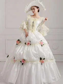 18th Century Retro Tudor Dress Costumes White Embroidered Marie Antoinette Polyester Headwear Dress Costume Set
