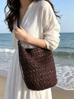 Thick Weave Raffia Bucket Crossbody Bag Adjustable Faux Leather Strap Woven Shoulder Purse