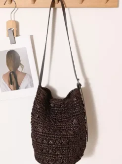 Thick Weave Raffia Bucket Crossbody Bag Adjustable Faux Leather Strap Woven Shoulder Purse