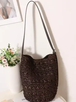 Thick Weave Raffia Bucket Crossbody Bag Adjustable Faux Leather Strap Woven Shoulder Purse