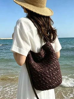 Thick Weave Raffia Bucket Crossbody Bag Adjustable Faux Leather Strap Woven Shoulder Purse
