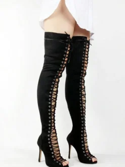 Thigh High Boots Womens Nubuck Lace Up Peep Toe Stiletto Heel Over The Knee Boots