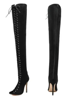 Thigh High Boots Womens Nubuck Lace Up Peep Toe Stiletto Heel Over The Knee Boots