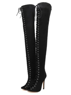 Thigh High Boots Womens Nubuck Lace Up Peep Toe Stiletto Heel Over The Knee Boots