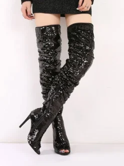 Thigh High Boots Sequined Over Knee Boots Peep Toe High Heel Sexy Boots