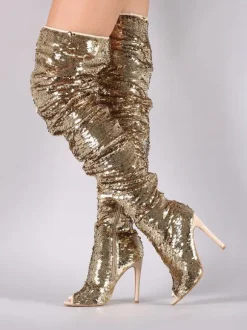 Thigh High Boots Sequined Over Knee Boots Peep Toe High Heel Sexy Boots