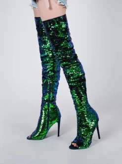 Thigh High Boots Sequined Over Knee Boots Peep Toe High Heel Sexy Boots
