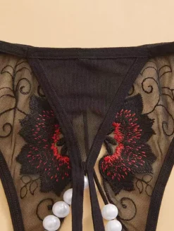 Thong Lace Party Pearls Black Sheer Mesh Woman's Lingerie Panties