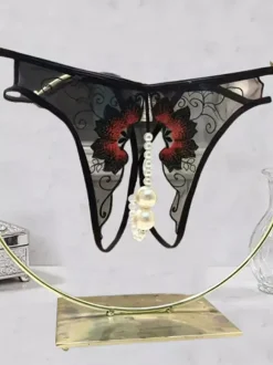 Thong Lace Party Pearls Black Sheer Mesh Woman's Lingerie Panties