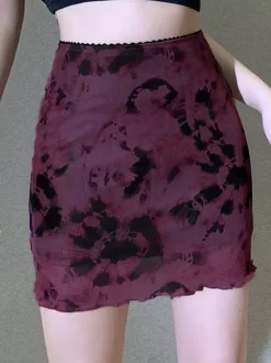 Tie Dye Mesh Mini Skirt For Women - Grunge Y2K Lettuce Hem Bodycon Skirt - Summer Club Festival 2026