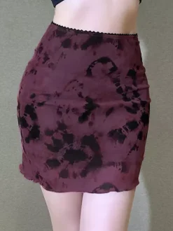 Tie Dye Mesh Mini Skirt For Women - Grunge Y2K Lettuce Hem Bodycon Skirt - Summer Club Festival 2026
