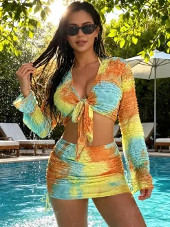 Tie Dye 4 Piece Swimsuit Set For Women - Yellow Bikini With Ruched Long Sleeve Top And Skirt Cover Up - Summer Beach Party 2026