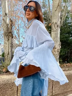 Tiered Ruffle Light Blue Women Blouse - Elegant High Neck Bell Sleeve Top - Boho Chic Beach Wear 2026