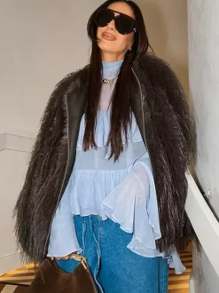 Tiered Ruffle Light Blue Women Blouse - Elegant High Neck Bell Sleeve Top - Boho Chic Beach Wear 2026
