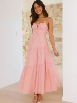 Tiered Maxi Sundress for Women - Ruched Bust Tie Front A Line Long Slip Dress - Summer Beach Wedding Guest 2026