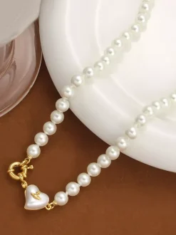 Tiny White Pearl Choker Heart Shaped Pendant Gold Clasp Dainty Daily Neck Jewelry