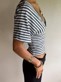 Tops Short Sleeves Tees Gray Stripes V-Neck Women T-Shirt