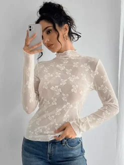 Transparent Mesh Long Sleeve Top With Allover Bow Jacquard For Women 2026