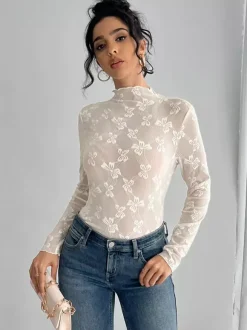 Transparent Mesh Long Sleeve Top With Allover Bow Jacquard For Women 2026