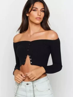 Trendy Cropped Top With Button Front Long Sleeve Off-Shoulder Knit Cardigan For Women 2026