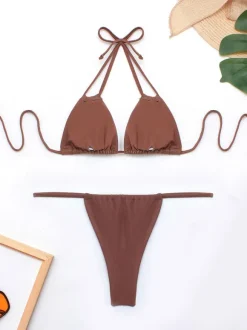 Triangle Bikinis Halter Double Straps Thong Bottom Beach Swimsuits