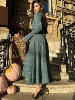 Triangle Printed Dress Round Neck Long Sleeves Casual Maxi Dresses
