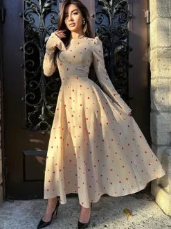 Triangle Printed Dress Round Neck Long Sleeves Casual Maxi Dresses