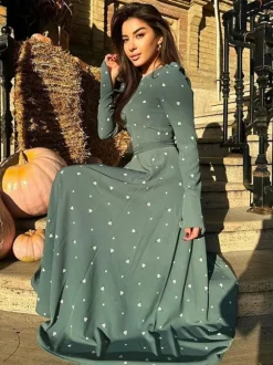 Triangle Printed Dress Round Neck Long Sleeves Casual Maxi Dresses