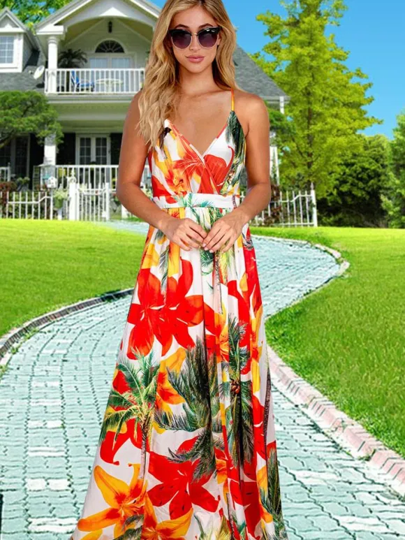 Tropical Floral Maxi Dress for Women - Leaf Print V Neck Backless Long Sundress - Summer Beach Vacation 2026