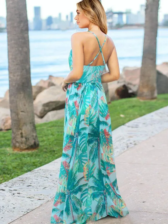Tropical Floral Maxi Dress for Women - Leaf Print V Neck Backless Long Sundress - Summer Beach Vacation 2026