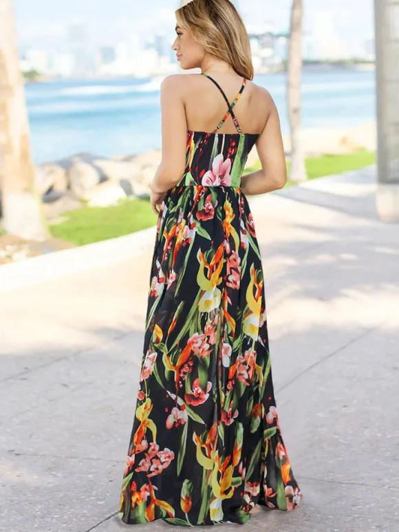 Tropical Floral Maxi Dress for Women - Leaf Print V Neck Backless Long Sundress - Summer Beach Vacation 2026