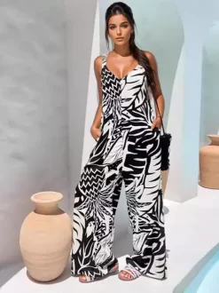 Tropical Printed Jumpsuit Sleeveless Wide Leg Summer Outfit For Women 2026