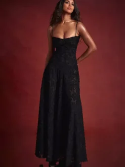 Trumpet Dress Spaghetti Straps Lace-up Floral Embroidery Prom Maxi Dresses