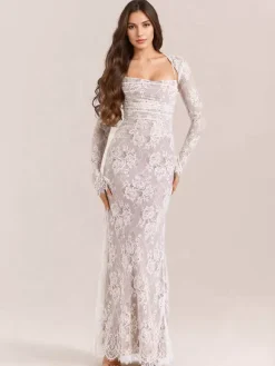 Trumpet Dress Lace-up Cutout Floral Embroidery Long Sleeves Prom Dresses