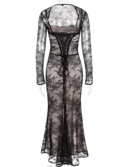Trumpet Dress Lace-up Cutout Floral Embroidery Long Sleeves Prom Dresses