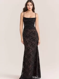 Trumpet Dress Lace-up Cutout Floral Embroidery Long Sleeves Prom Dresses