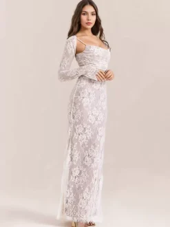 Trumpet Dress Lace-up Cutout Floral Embroidery Long Sleeves Prom Dresses