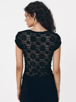 T-Shirt Short Sleeves Tees Black Lace Straps Neck Women Summer T Shirt