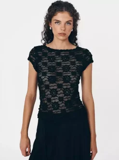T-Shirt Short Sleeves Tees Black Lace Straps Neck Women Summer T Shirt